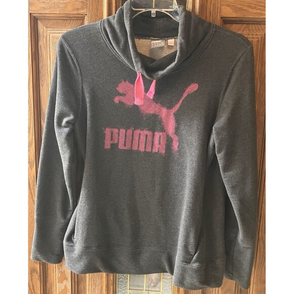 Puma Sweatshirt Women's L Dark Gray Pullover Cowl Neck Athleisure Preppy Cotton - Picture 1 of 6